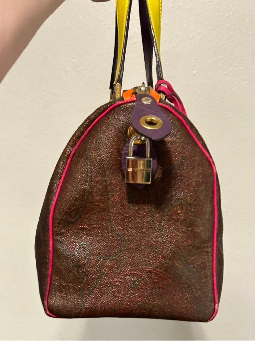 ETRO Paisley Multicolor Colorblock Boston Speedy Bag w/ Lock & Key + Luggage Tag - Picture 5 of 16